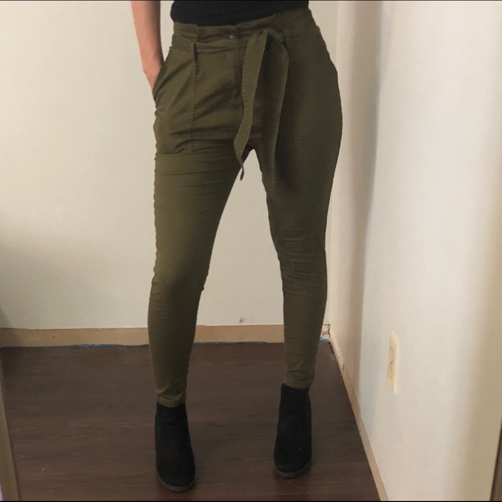 Cute Olive Cargo Paper Bag High Waisted Tie Pants